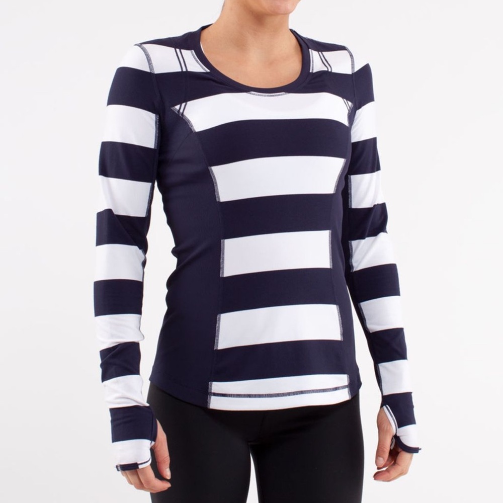 Lululemon Run Switch Back Long Deep Indigo Striped Top Size Medium